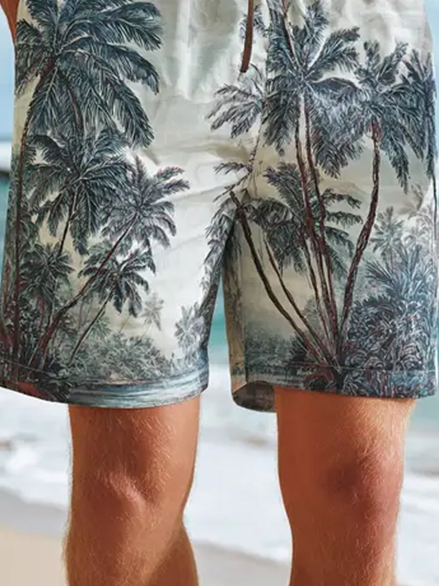 Men's Retro Tropical Palm Trees Graphic Print Beach Casual Quick-Drying Shorts