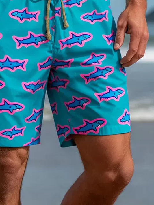 Men's Cartoon Shark Graphic Print Beach Casual Quick-Drying Shorts
