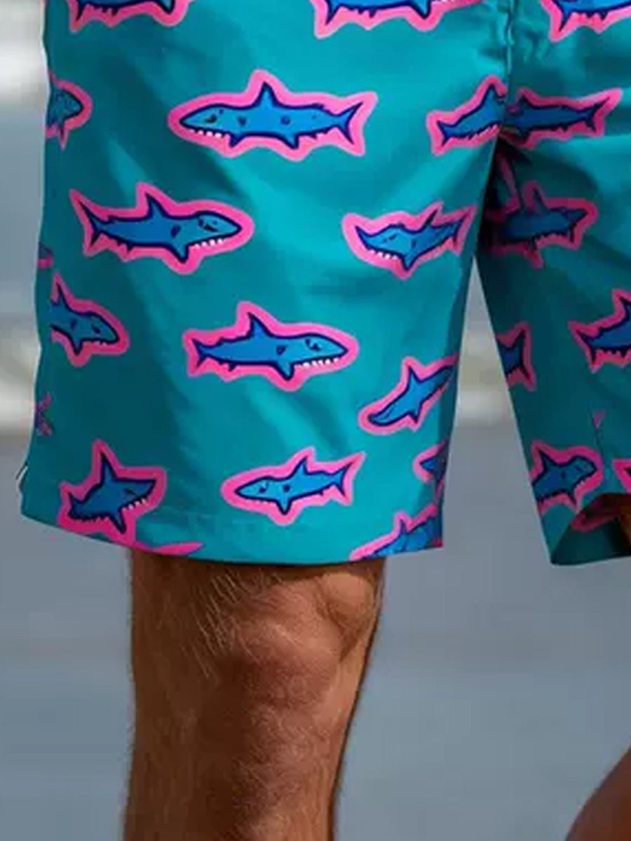 Men's Cartoon Shark Graphic Print Beach Casual Quick-Drying Shorts