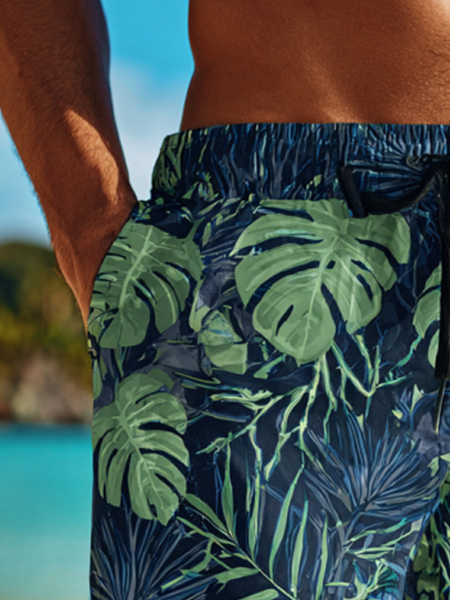Men's Retro Dark Tropical Plant Print Beach Casual Quick-Drying Shorts