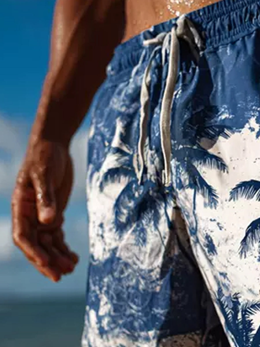Men's Retro Palm Tree Print Beach Casual Quick-Drying Shorts