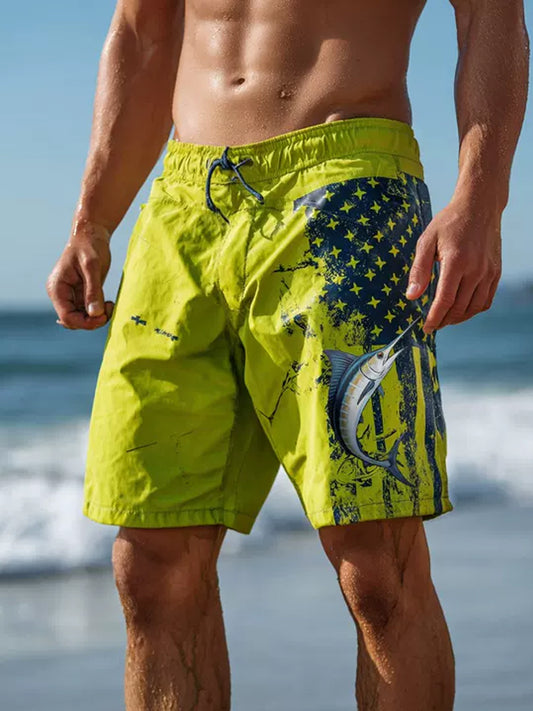 Men's Marlin Fish Stars and Stripes Print Beach Casual Quick-Drying Shorts
