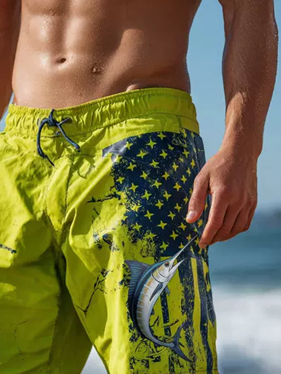 Men's Marlin Fish Stars and Stripes Print Beach Casual Quick-Drying Shorts