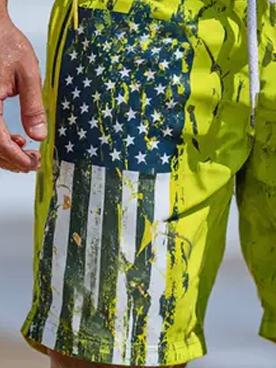 Men's Stars and Stripes Flag Print Beach Casual Quick-Drying Shorts