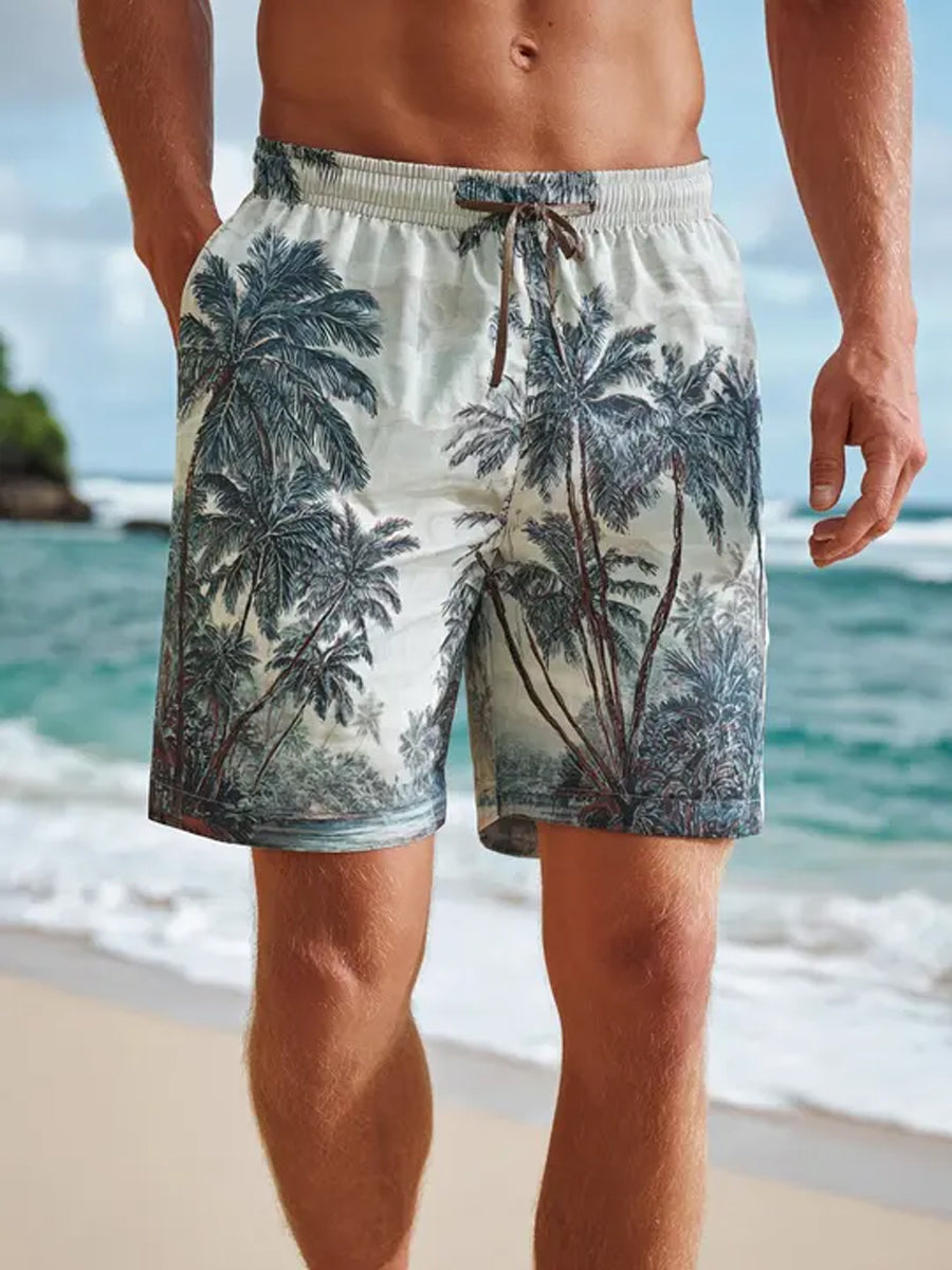 Men's Retro Tropical Palm Trees Graphic Print Beach Casual Quick-Drying Shorts