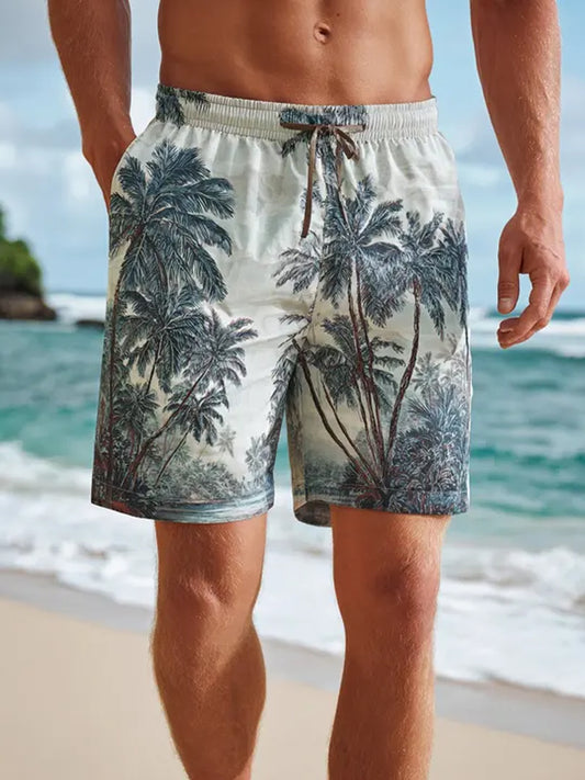 Men's Retro Tropical Palm Trees Graphic Print Beach Casual Quick-Drying Shorts