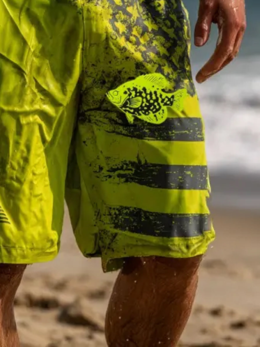 Men's Mottled Texture USA Flag Fish Print Beach Casual Quick-Drying Shorts