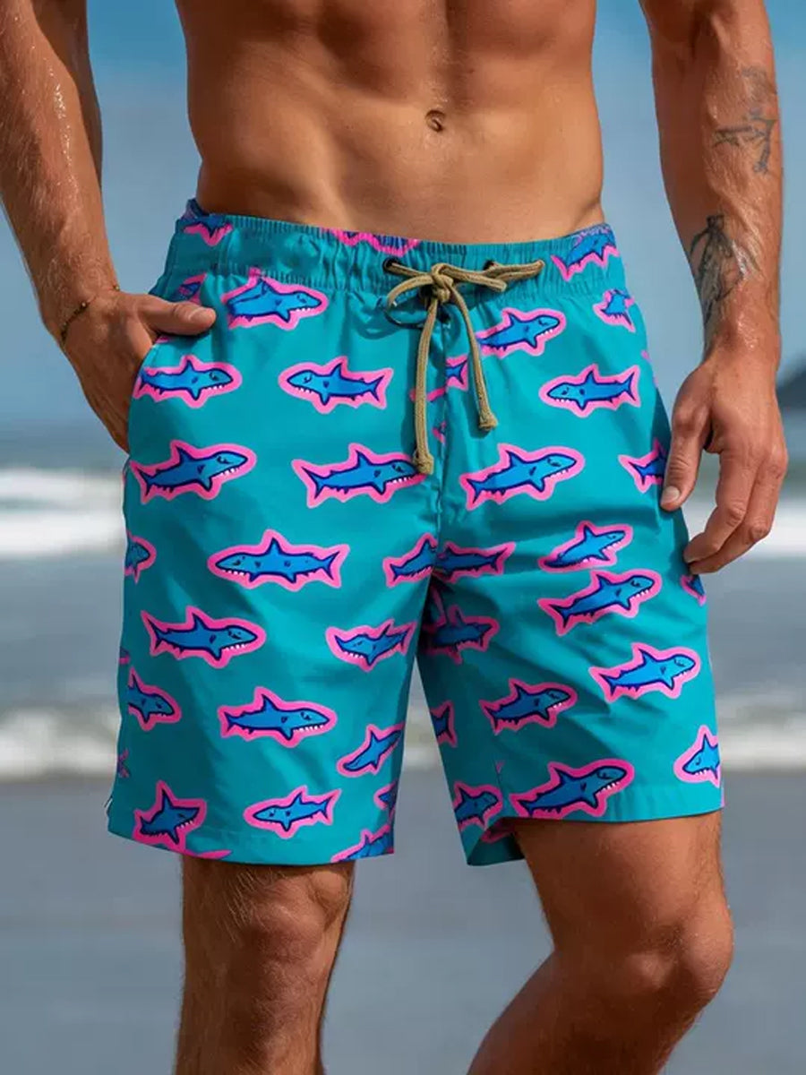 Men's Cartoon Shark Graphic Print Beach Casual Quick-Drying Shorts