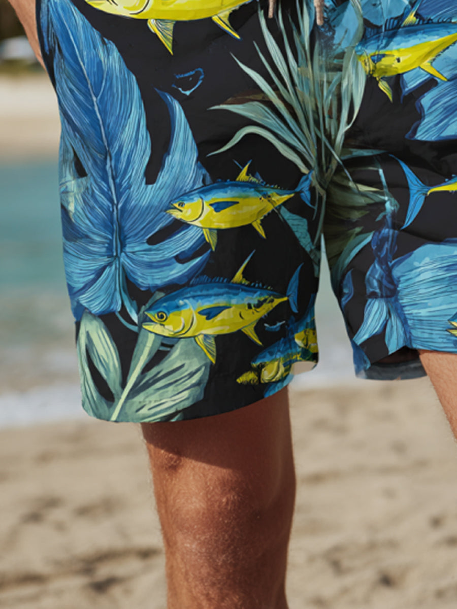 Men's Ocean Blue Leaf Bright Yellow Blue Tuna Fish Print Beach Casual Quick-Drying Shorts