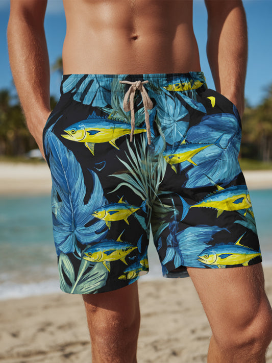 Men's Ocean Blue Leaf Bright Yellow Blue Tuna Fish Print Beach Casual Quick-Drying Shorts