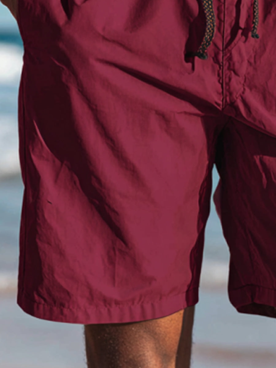 Men's Simple Solid Color Burgundy Beach Casual Quick-Drying Shorts