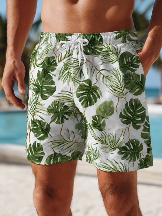 Men's Fresh Green Tropical Foliage Print Beach Casual Quick-Drying Shorts