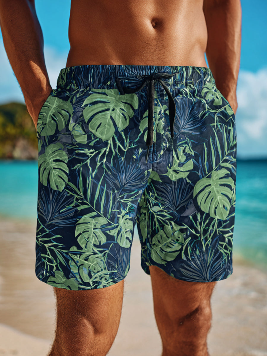 Men's Retro Dark Tropical Plant Print Beach Casual Quick-Drying Shorts
