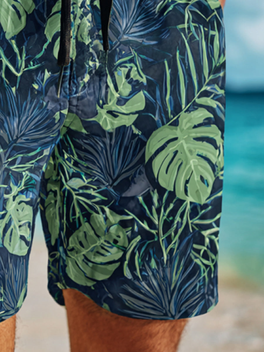 Men's Retro Dark Tropical Plant Print Beach Casual Quick-Drying Shorts