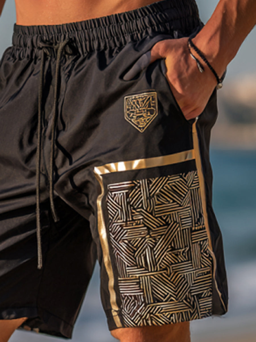 Men's Black Base Gold Geometric Pattern Print Beach Casual Quick-Drying Shorts