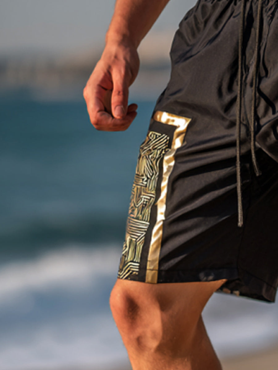 Men's Black Base Gold Geometric Pattern Print Beach Casual Quick-Drying Shorts
