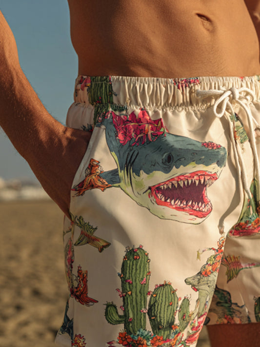 Men's Creative Contrast Desert Marine Life Print Beach Casual Quick-Drying Shorts