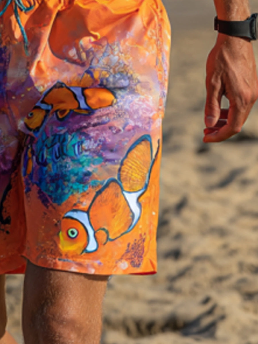 Men's Vibrant Graffiti Ocean Fish Graphic Print Beach Casual Quick-Drying Shorts