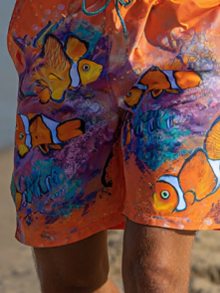 Men's Vibrant Graffiti Ocean Fish Graphic Print Beach Casual Quick-Drying Shorts