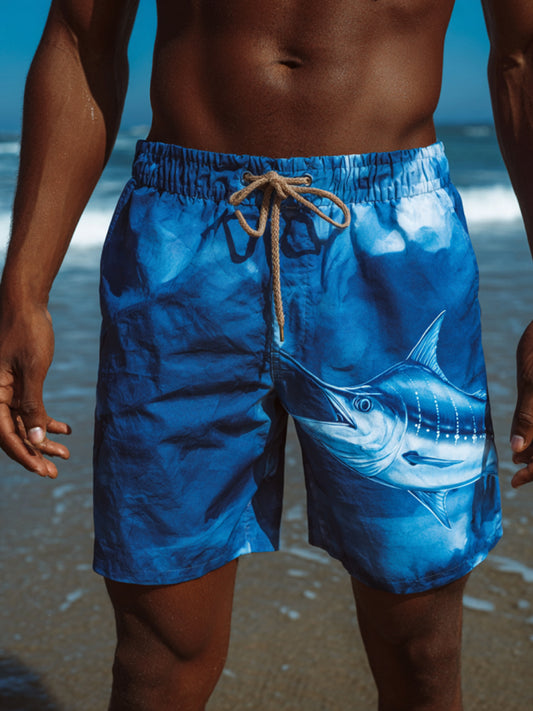 Men's Single Side Large Marlin Fish Print Beach Casual Quick-Drying Shorts