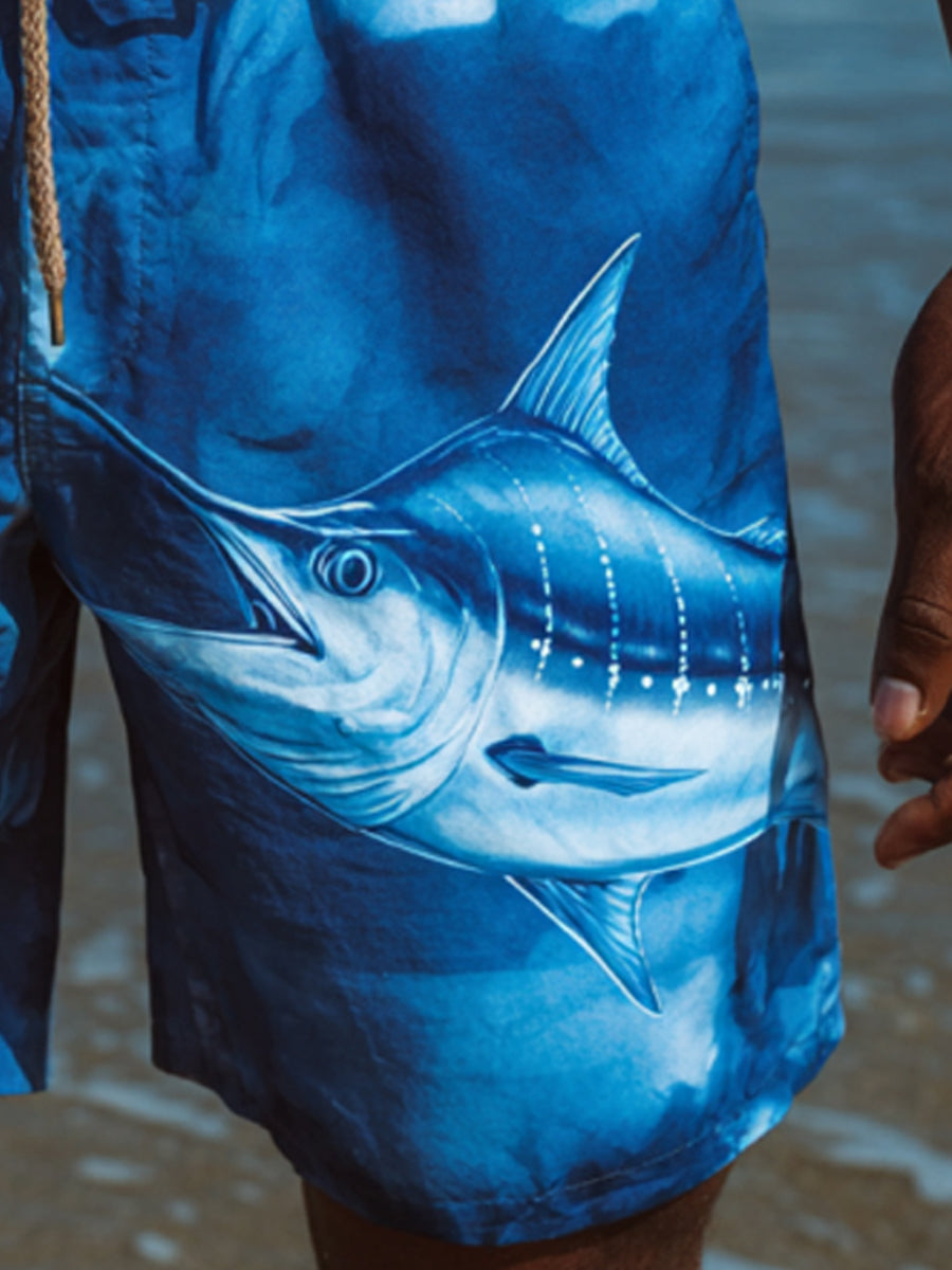 Men's Single Side Large Marlin Fish Print Beach Casual Quick-Drying Shorts
